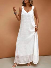 EMERY ROSE Vestido plus size feminino de férias com acabamento em renda e cor sólida estilo francês