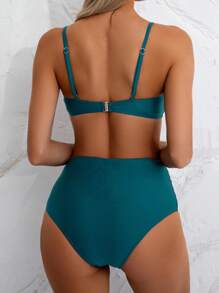 Swim Chiccia Solid Color Shiny Aqua Blue Shell Bikini Swimsuit Set, Beach Outfit For Women For Summer Beach Vacation - Teal Blue - View 2