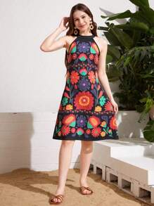 少女甜美花卉印花露肩连衣裙，时尚 - 彩色 - 查看 5