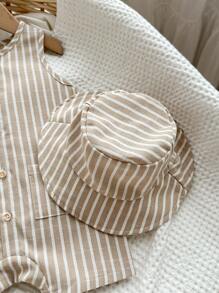 2 pièces/Ensemble Salopette sans manches rayée colorée abricot et chapeau seau pour bébé garçon/fille, tenue casual polyvalente pour les vacances et les voyages