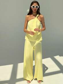 Aloruh Set de 2 piezas para mujer de top minimalista de un solo hombro en unicolor y pantalones holgados de pierna ancha, para verano - Amarillo - Ver 4