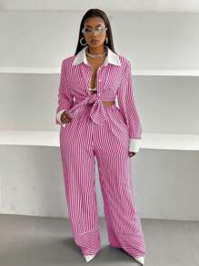 Maweii 大码休闲通勤条纹衬衫和裤子两件套