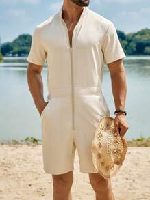 Manfinity RSRT Mono de manga corta casual de vacaciones para hombres, conjunto de playa para hombres