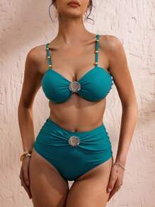 Swim Chiccia Solid Color Shiny Aqua Blue Shell Bikini Swimsuit Set, Beach Outfit For Women For Summer Beach Vacation - Teal Blue - View 1