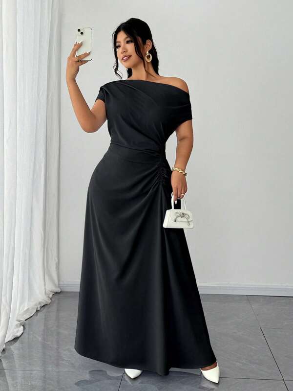Elenzga Plus Size Cold Shoulder Ruched Elegant Dress