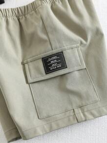 Set de 3 pantalones cortos de verano casuales y versátiles para bebé niño/niña, de unicolor, con bolsillo con letra, cintura elástica y multipaquete a juego - Multicolor - Ver 4