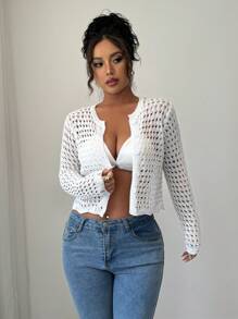 Breezaya Cardigan de punto hueco, suéter de manga larga para primavera y otoño - Blanco - Ver 6