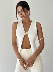 Firerie Women's Summer New Elegant Minimalist Beach Vacation Wear White V-Neck Sleeveless Tank Top With Metal Star Decor Knitted Sweater - White - View 7