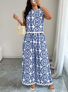 Elenzga Duży rozmiar, nadruk, swobodny, wakacyjny i dojazdowy, 2-częściowy zestaw - Niebieski - Zobacz 5