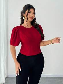 Elenzga Plus-Size Woven Elegant Simple Sexy Bow Short-Sleeved Christmas Red Party New Year's Shirt - Red - View 6