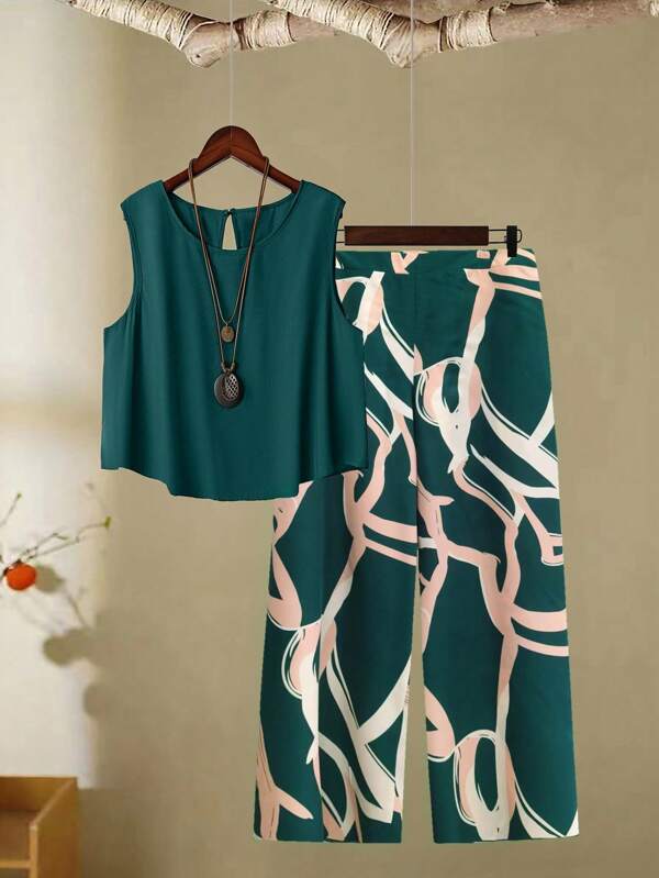EMERY ROSE Conjunto de 2 peças plus size feminino, cor sólida, gola redonda, camisola, calça larga, roupa casual