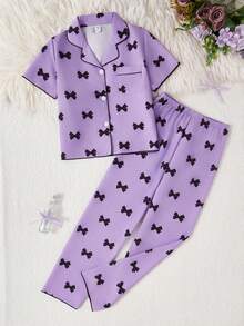 SHEIN 2件套女童杏色樱桃印花长裤短袖休闲宽松睡衣套装 - 紫色 - 查看 4