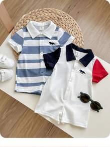 2pcs/Set Newborn Baby Boy Adorable Summer Stripe Patchwork Short Sleeve Polo Collar Romper Outfit, Suitable For Birthday Party, Evening Party, Performance, Wedding, Baby Shower, 1 Month, 1st Birthday Celebration