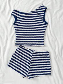 SHEIN 2pcs/Set Teen Girls Striped Knit Asymmetric Shoulder Fitted Top And Ultra Low Waist Skinny Shorts, Suitable For Holiday, Party, Christmas, Valentine's Day, Date, Beach, Cruise, Carnival, Easter Striped Two Piece Set Two Piece Short Set Summer Two Piece Set Vacation Two Piece Set Preppy Two Piece Set - Blue and White - View 2