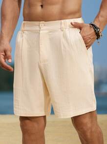 Genlund Men's Casual Solid Color Bamboo Knot Linen Shorts Men Cotton Shorts Men Beach Shorts Men Vacation Shorts - Beige - View 5