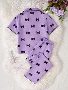 SHEIN 2件套女童杏色樱桃印花长裤短袖休闲宽松睡衣套装 - 紫色 - 查看 2