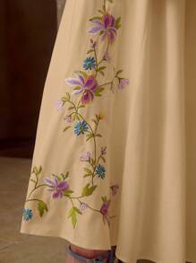 MOTF PREMIUM LINEN EMBROIDERY CONTRAST TRIM DRESS