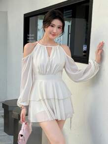 Celisse Women's Beige Keyhole Neckline Mini Dress Casual Woven Tiered Dress With Long Sleeves And Cold Shoulder Detail Fall Cloth For Women