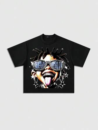 Street Life Camiseta de manga corta con estampado de diamantes brillantes para hombre, corte holgado y corto