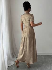 Chiquease Women's Fashionable & Elegant Vacation Dress, Short Sleeve, Cross V-Neck, Shoulder Pleats, Waist Ruching, A-Line, Zipper, Gold Shiny Fabric, Spring/Summer - Gold - View 2