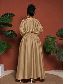 Maweii Vestido midi de verano de talla grande para mujer, de unicolor, con lazo delantero y abertura lateral alta - Marrón - Ver 6