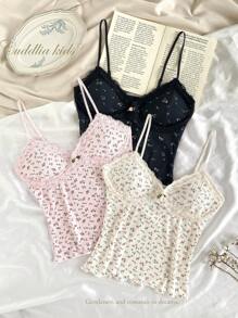 3 件套碎花吊带背心，适合少女，V 领蕾丝边可调节肩带吊带分层上衣，百搭夏季服装返校时尚