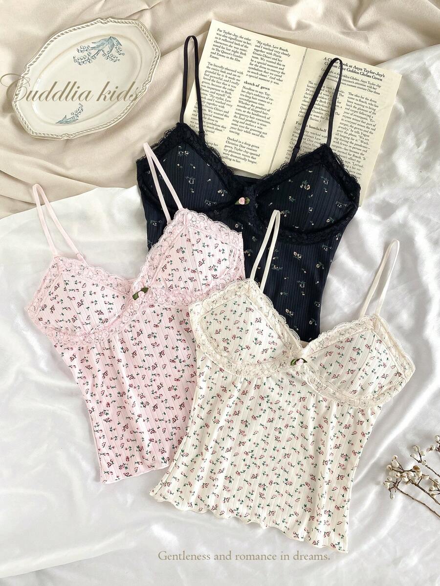 3 件套碎花吊带背心，适合少女，V 领蕾丝边可调节肩带吊带分层上衣，百搭夏季服装返校时尚