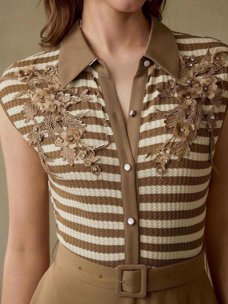MOTF PREMIUM WOMEN CINCHED WAIST HOLLOW OUT 3D FLORAL AND STRIPED FLARE HEM DRESS - Khaki - View 2