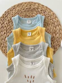 4件套新生儿男宝宝可爱卡通印花无袖连体衣套装，夏季图案 - 彩色 - 查看 6