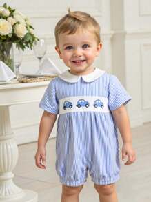 Baby Boy Cartoon Car Pattern Collared Short Sleeve Romper & Shorts Set