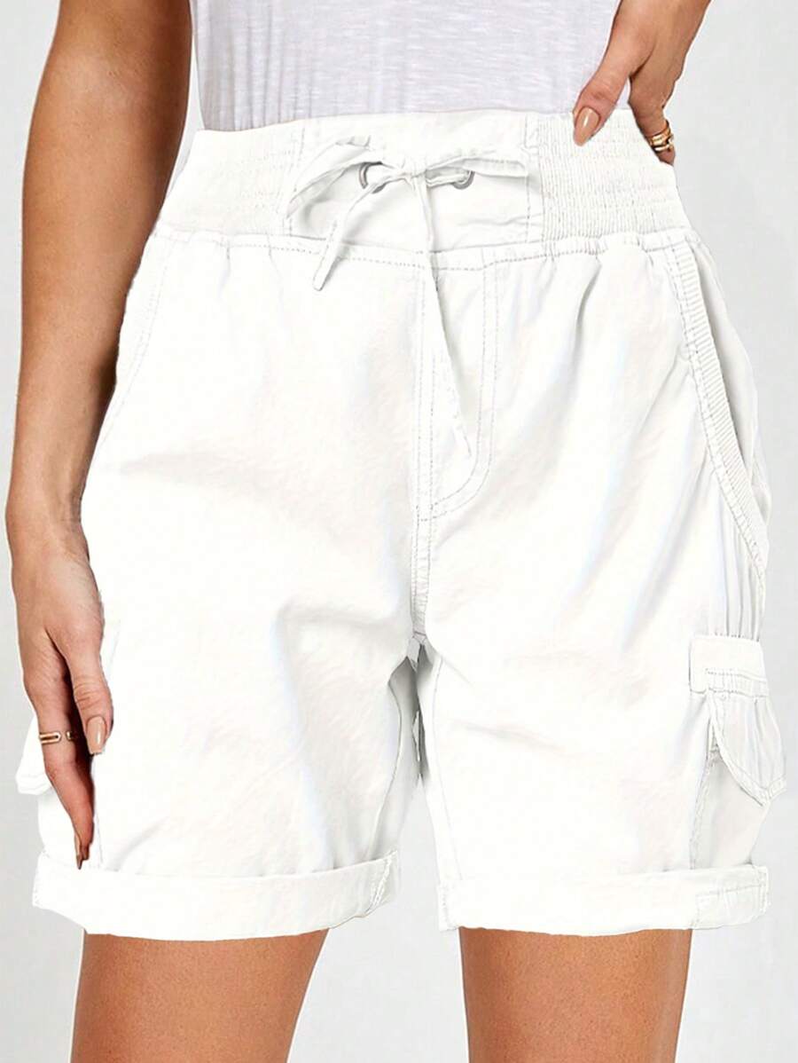 SHEIN LUNE Quần short thể thao nữ có dây rút, quần short ống rộng rộng rãi, có gấu quần - trắng - Xem 1