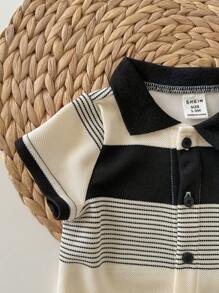 Newborn Baby Boy Summer Cute Knit Striped Short Sleeve Romper, Suitable For Birthday Party, Evening Party, Performance, Wedding, One-Month, Christening And 1st Birthday Celebration, Baby Shower