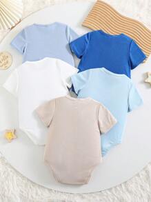 5 Stück/Set Neugeborene Baby Jungen/Mädchen blaue Kurzarm Sommer weiche Rundhals ärmelloser Strampler, vielseitig einsetzbar für Lässig, Innen- und Außenbereich