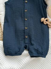 Quần yếm liền thân không tay cổ xanh navy phối màu cổ điển cho bé trai/bé gái, phong cách thường ngày của trường đại học, thích hợp cho kỳ nghỉ, du lịch, đi học, ở nhà và đi chơi vào mùa hè - Màu xanh lam - Xem 5