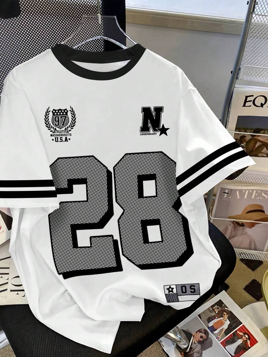 Manfinity Dauomo Maglietta casual da uomo in stile americano, con senso di strada semplice e retrò, decorata con pois, numeri e lettere, in stile sportivo e universitario - Multicolore - Visualizzare 1