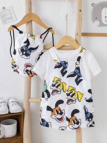 2 件套男婴卡通动物印花围兜 + 短裤 2 件套服装套装，适合春夏休闲、家居、派对穿着 - 白色 - 查看 7