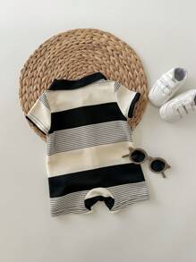 Newborn Baby Boy Summer Cute Knit Striped Short Sleeve Romper, Suitable For Birthday Party, Evening Party, Performance, Wedding, One-Month, Christening And 1st Birthday Celebration, Baby Shower