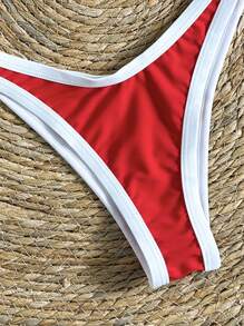 Swim Vcay 2 件套女士撞色细肩带高开叉性感比基尼套装，夏季 - 紅白色 - 查看 5