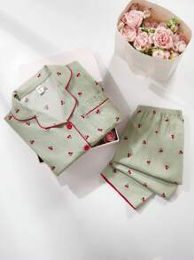 2pcs Teen Girls Apricot Color Minimalist Cherry Print Long Sleeve Top And Pants Set, Casual & Comfortable Home Wear Cute Pajama Set Cherry Pajama Set Fall Winter - Green - View 9