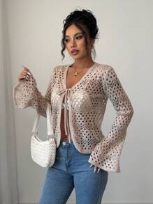 Chiquease Hollow-Out Long Sleeve Knit Cardigan, Spring/Autumn Fall Cloth For Women - Khaki - View 7