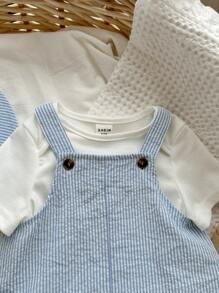 2 件套男婴/女婴夏季蓝白条纹背带短裤配渔夫帽，休闲装，适合居家、度假、海滩 - 藍白色 - 查看 3