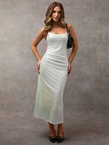 Avenya Women Sleeveless Elegant Shimmering Leather-Textured Cami Dress,Back To School Clothes,Minimalist Design,Summer/Autumn - White - View 4