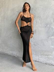 Aloruh Nuevo vestido de primavera/verano para mujer de estilo bohemio, de un solo color negro, de tirantes finos con lazo y decoración de cuentas, vestido transparente tipo cobertor para la playa
