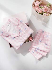 Bộ đồ ngủ 2 món cho bé gái tuổi mới lớn - Quần dài in họa tiết bướm & kẻ caro dễ thương & áo len cardigan Bộ đồ ngủ thoải mái - Nhiều màu - Xem 3