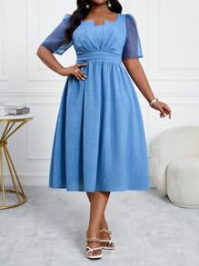 SHEIN Lady Vestidos de oficina de talla grande con mangas abullonadas, contraste de malla, cinturilla plisada y falda acampanada, elegantes para primavera y verano