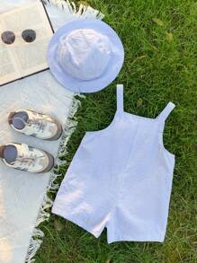 2 件套男婴/女婴夏季蓝白条纹背带短裤配渔夫帽，休闲装，适合居家、度假、海滩 - 藍白色 - 查看 10