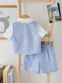 3 件套男婴夏季可爱绅士服装套装：格子背心、短裤、短袖衬衫（带领结），适合生日派对、洗礼、1 岁生日庆祝、正式场合、表演、婚礼 - 彩色 - 查看 2