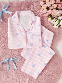 SHEIN Bộ 2 món quần dài thoải mái in họa tiết quả anh đào cho bé gái và áo tay ngắn, thích hợp làm đồ mặc ở nhà - Nhiều màu - Xem 4