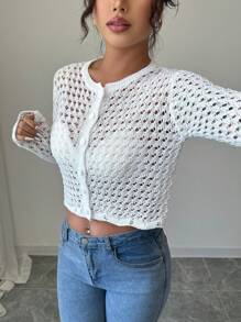 Breezaya Cardigan de punto hueco, suéter de manga larga para primavera y otoño - Blanco - Ver 2