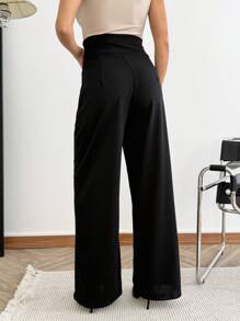 EURMUSE 纯色链条装饰前缝阔腿裤 - 黑色 - 查看 3